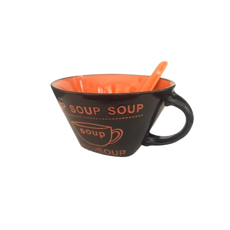 Black soup bowl with orange interior and matching spoon, perfect for serving hot dishes. Shop Soup Cup Porcelain with Spoon at bamagate.com.
