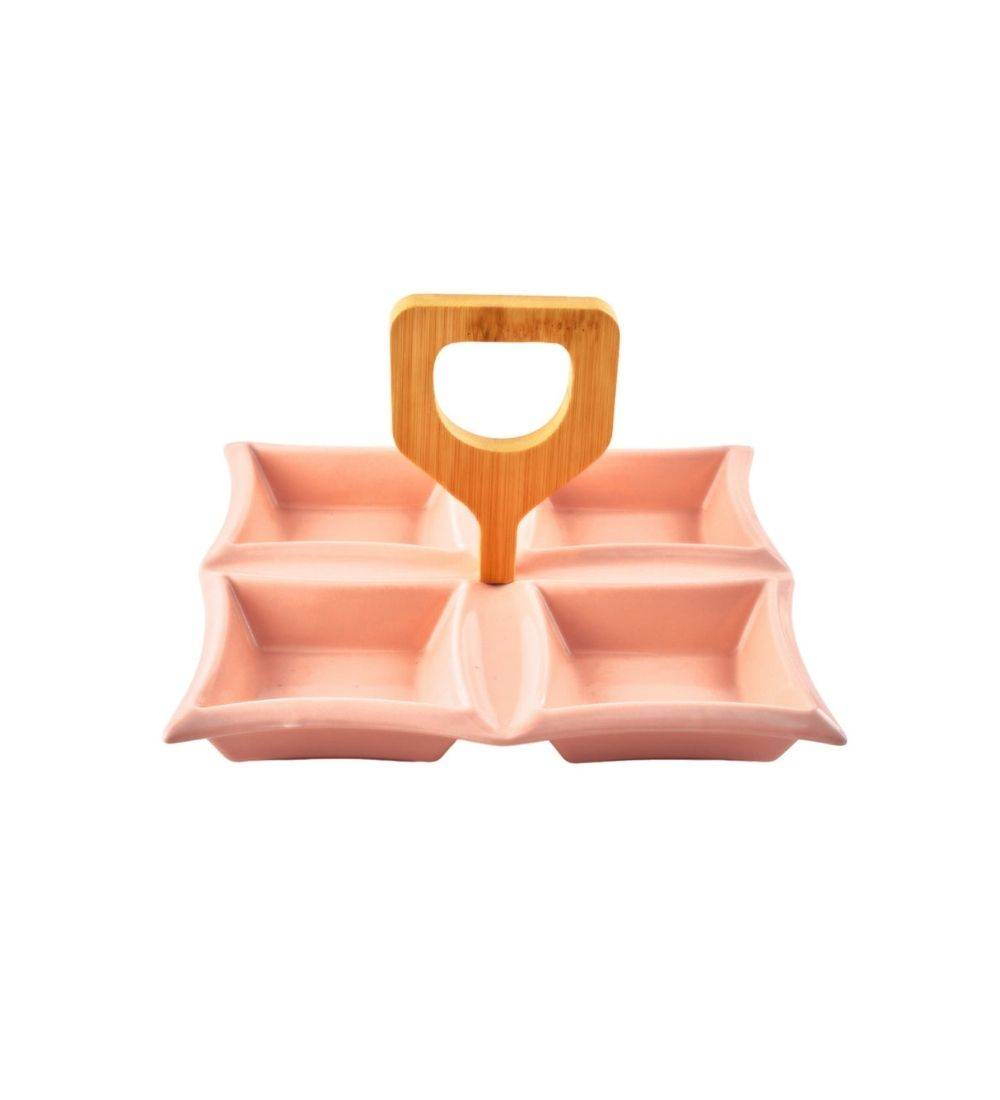 Ceramic snack tray with wooden handle in pink, featuring four compartments for serving snacks. Ideal for stylish tableware in Sri Lanka kitchens.