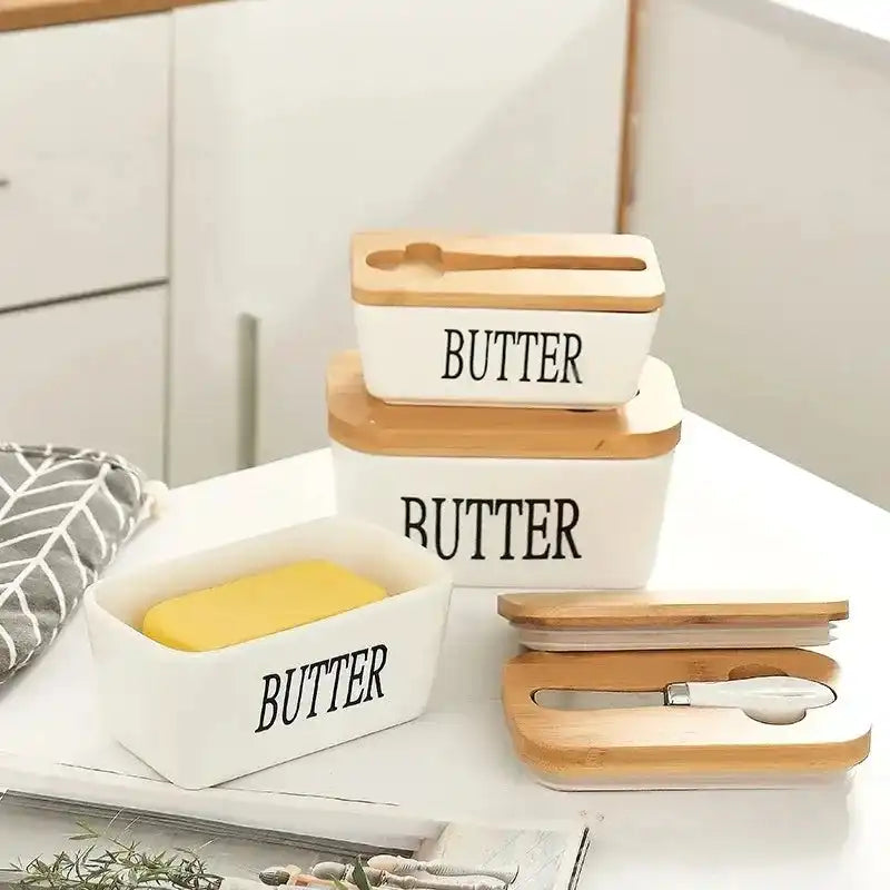 Ceramic butter dish with bamboo lid and knife, ideal for stylish butter storage in kitchens. Best price in Sri Lanka for kitchen serveware.