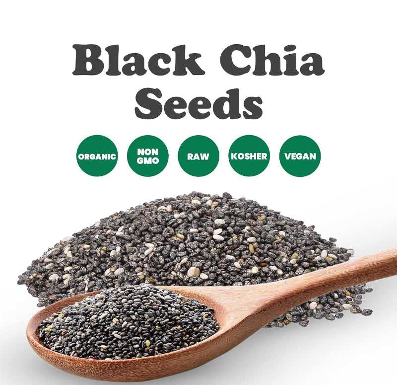 Kpon Chia Seeds 100g Rich in Nutrition displayed with a wooden spoon and health labels like organic, non-GMO, raw, kosher, and vegan.
