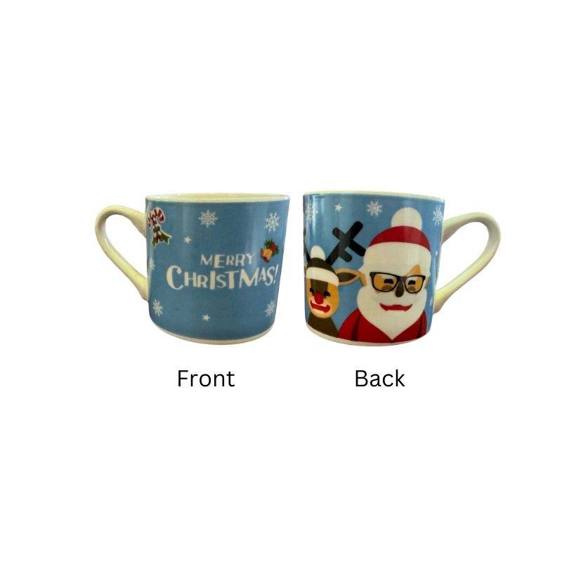 Christmas Ceramic Mug Gift with 'Merry Christmas' text and festive Santa and reindeer design, 320ml with large handle for easy grip.
