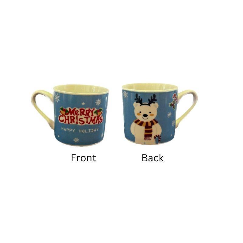 Christmas Ceramic Mug Gift with 'Merry Christmas' text on front and reindeer design on back. 320ml capacity with large handle for easy grip.