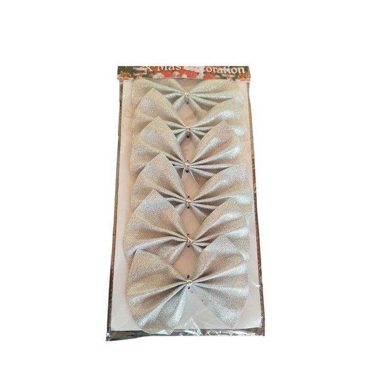 Christmas Tree Bow 6PCS in silver with twist ties, ideal for festive tree, stair, or wall decoration. Easy-to-use holiday decor accessory.
