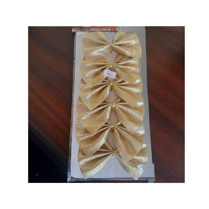 Christmas Tree Bow 6PCS - Tree Bow Decorations in gold glitter finish with twist ties, ideal for festive use on trees, walls, or stair railings.