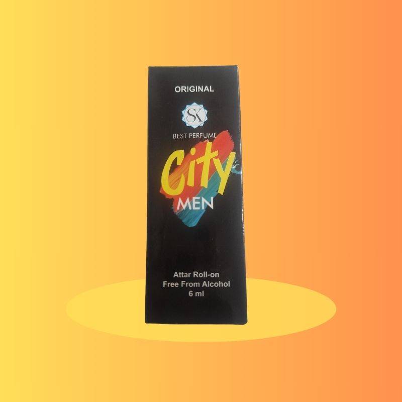 City Men Attar Roll On Perfume - Fragrance Gift | 6ml box packaging in black with colorful logo, ideal pocket perfume for men.