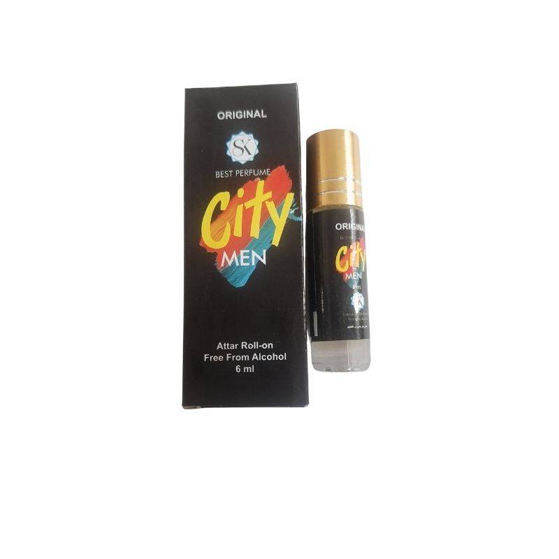 City Men Attar Roll On Perfume - Fragrance Gift | 6ml bottle with gold cap beside branded box, alcohol-free pocket perfume for personal care.