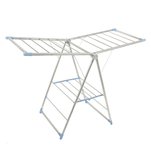 Foldable stainless steel drying rack with extended wings for maximum drying space. Ideal for compact laundry areas and indoor clothes drying.