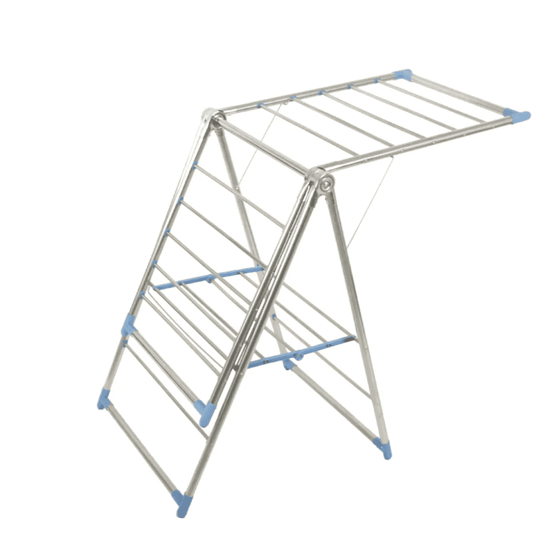 Stainless steel foldable drying rack partially extended for versatile drying options. Durable and ideal for small home spaces.