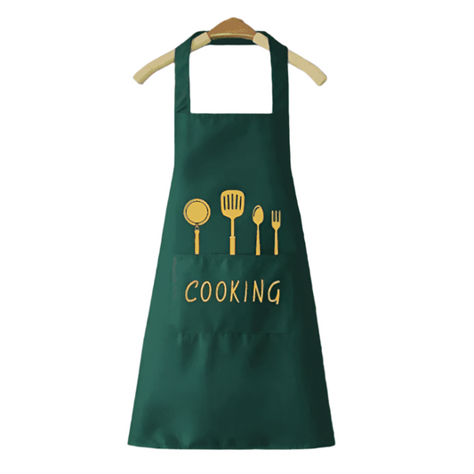 Waterproof kitchen cooking apron in dark green with yellow utensil print and 'COOKING' text, ideal for home chefs and kitchen use.