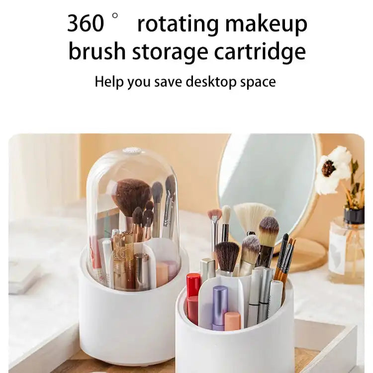 Rotating makeup brush storage box with dome lid and open-top version, designed to save desktop space and organize beauty tools.