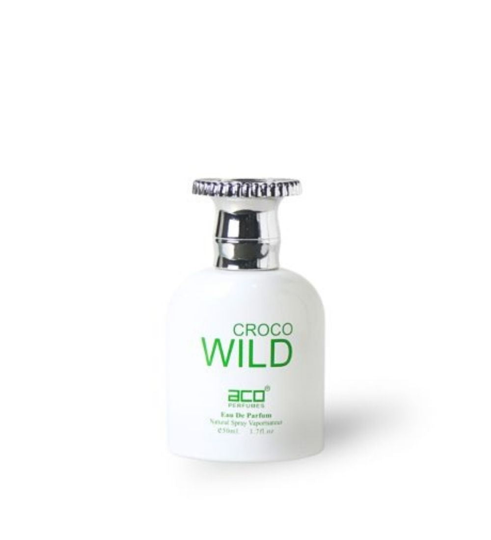 Croco Wild Aco Eau De Parfum 50ml for men, featuring a sleek white bottle with silver cap, available at best price in Sri Lanka.
