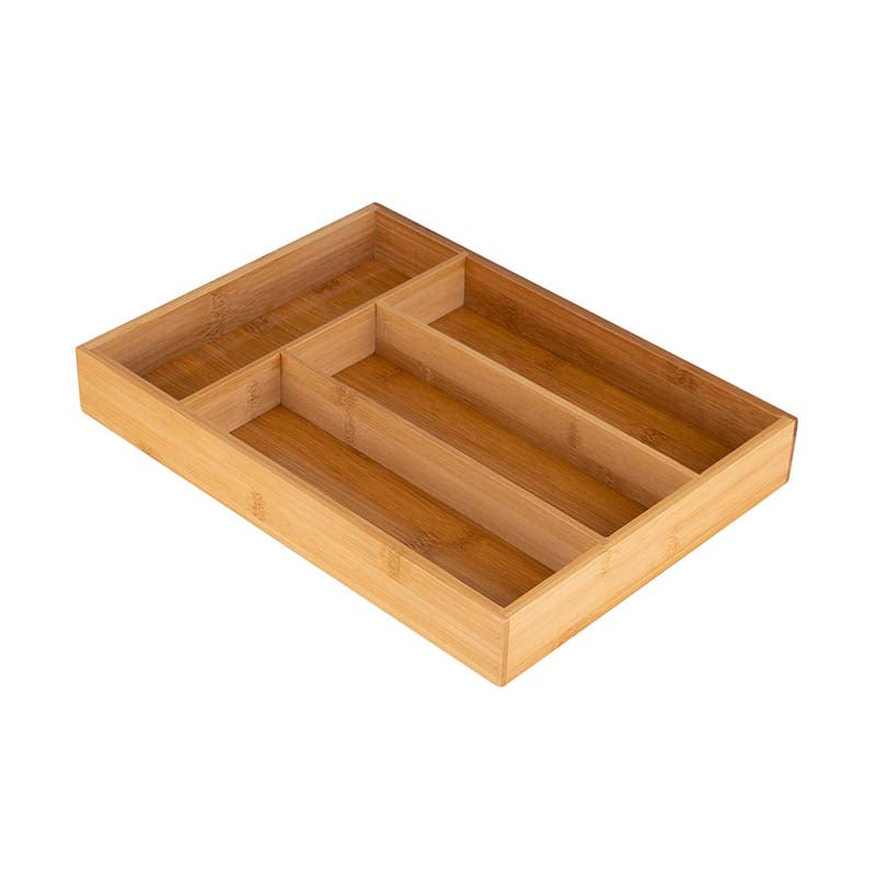 Cutlery Tray for Kitchen Drawer - Bamagate.com bamboo organizer with 4 sections for utensils. Eco-friendly wooden tray for tidy kitchen storage.