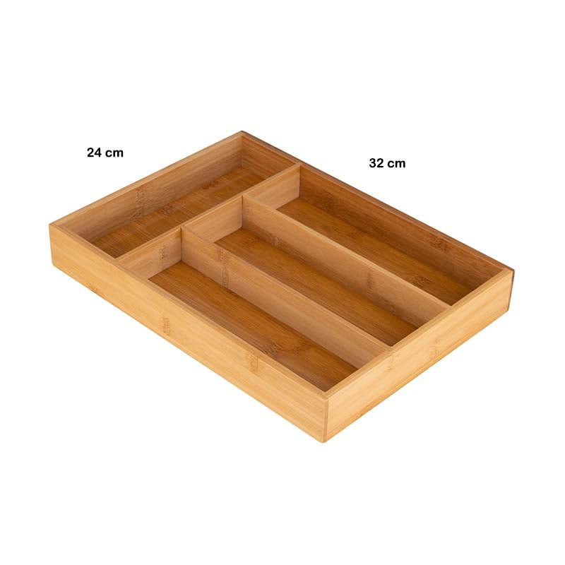 Cutlery Tray for Kitchen Drawer - Bamagate.com bamboo tray with 4 compartments, measuring 24 cm by 32 cm. Ideal for organizing kitchen drawers.