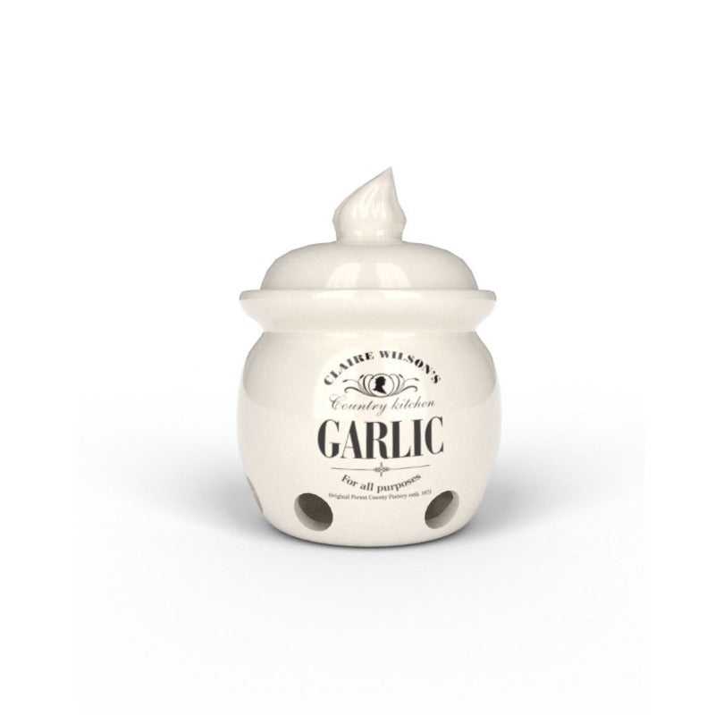 Garlic Storage Pot by Claire Wilson in white ceramic with ventilation holes, ideal for keeping garlic fresh in country-style kitchens.