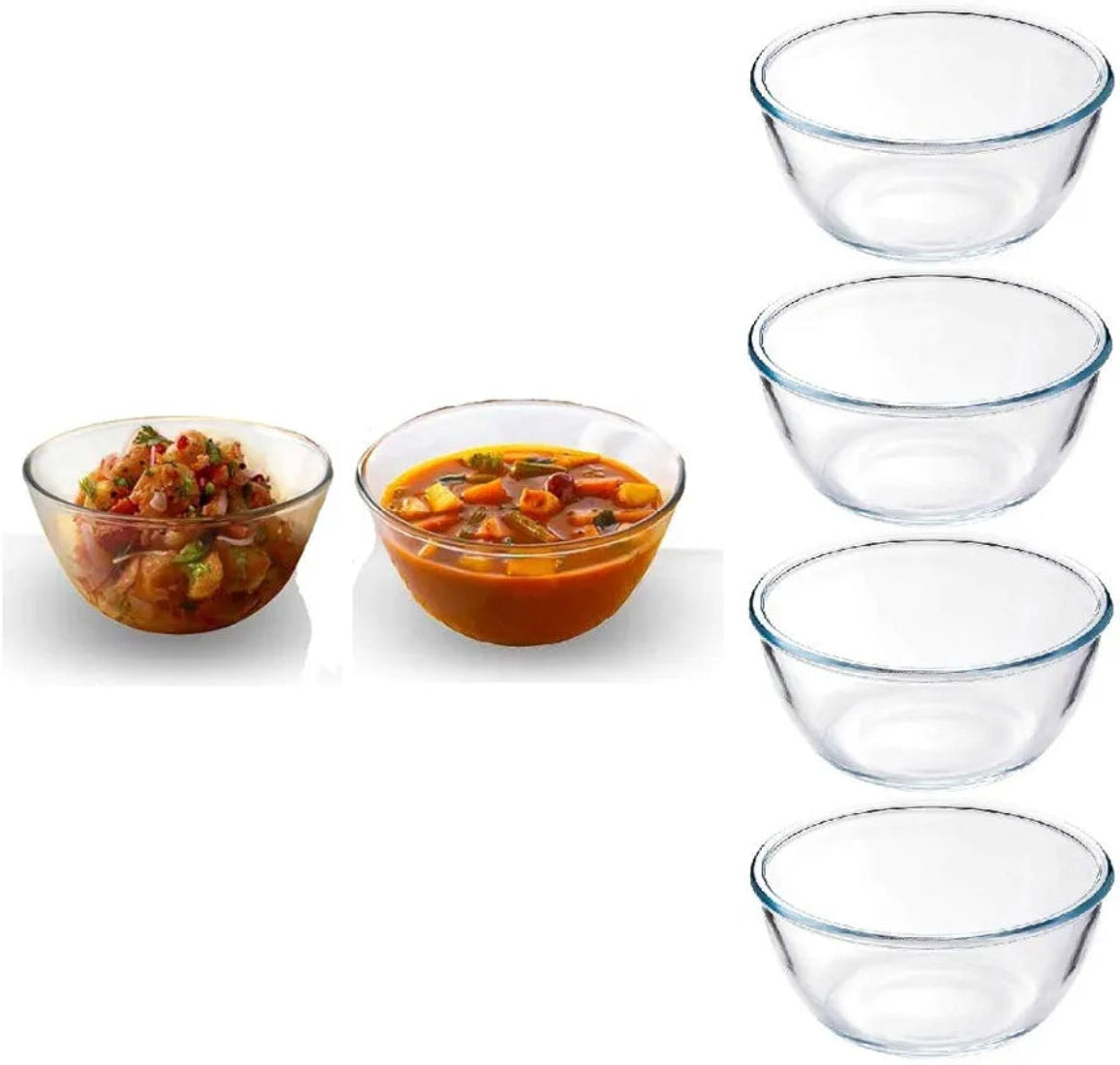 6 PCS Glass Bowl Set for Dessert displayed with two bowls filled with curry and salad, ideal for ice cream or snacks. Shop at Bamagate.com in Sri Lanka.
