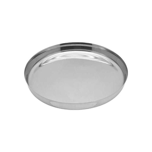 Heavy duty stainless steel dinner plate 30 cm with a polished finish, ideal for everyday meals or snacks. Durable and easy to clean.