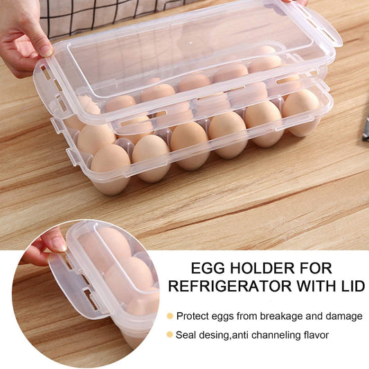 Plastic Egg Storage Box 18 Slots with lid shown on a wooden kitchen counter, ideal for organizing eggs in the refrigerator. Durable and stackable design.