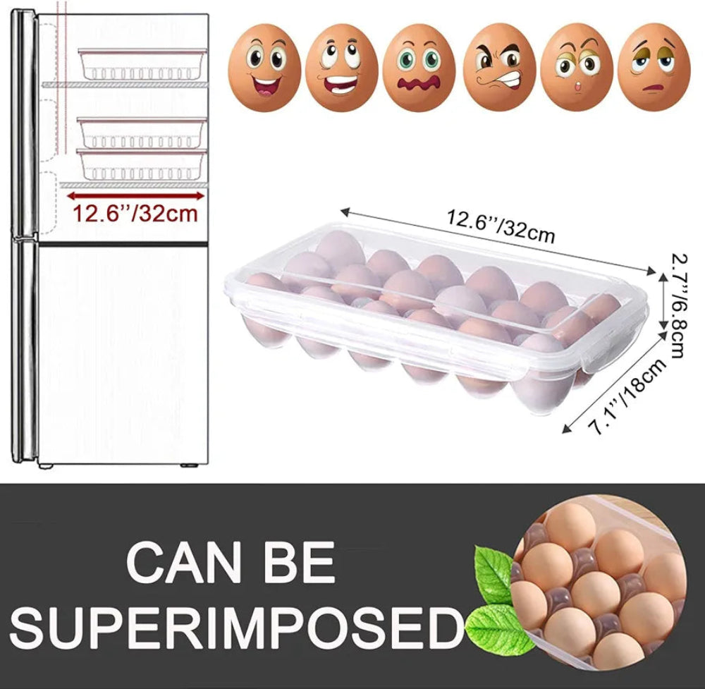 Plastic Egg Storage Box 18 Slots displayed with dimensions and stackable feature, perfect for maximizing refrigerator space and keeping eggs fresh.