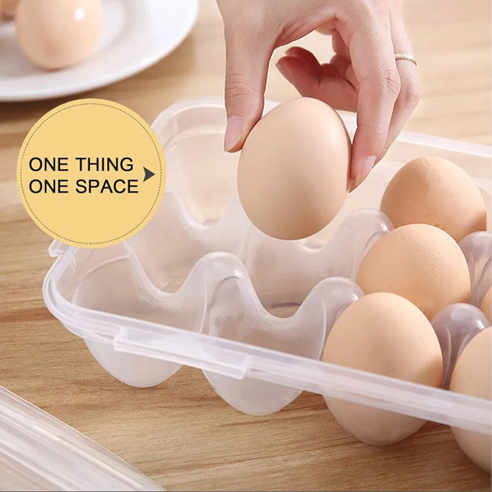 Close-up of a hand placing an egg into the Plastic Egg Storage Box 18 Slots, highlighting individual compartments for secure egg storage.