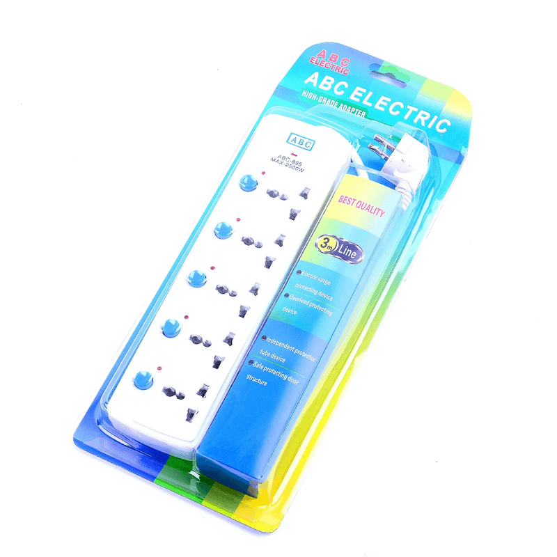 Electric Extension Cord - 5 Port Extension Cord in retail packaging with individual switches for safe power control, ideal for home or office use.