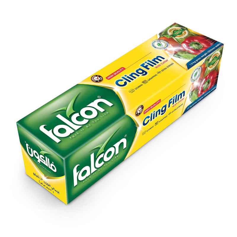 45 Cm Cling Film - 600 m Length by Falcon in green and yellow packaging, ideal for strong food wrapping and easy tear use in kitchens.