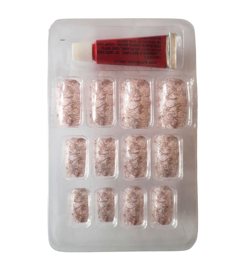 12PCS Long Short Square False Nails with nude pink floral design and glue, perfect for elegant nail styling in Sri Lanka.