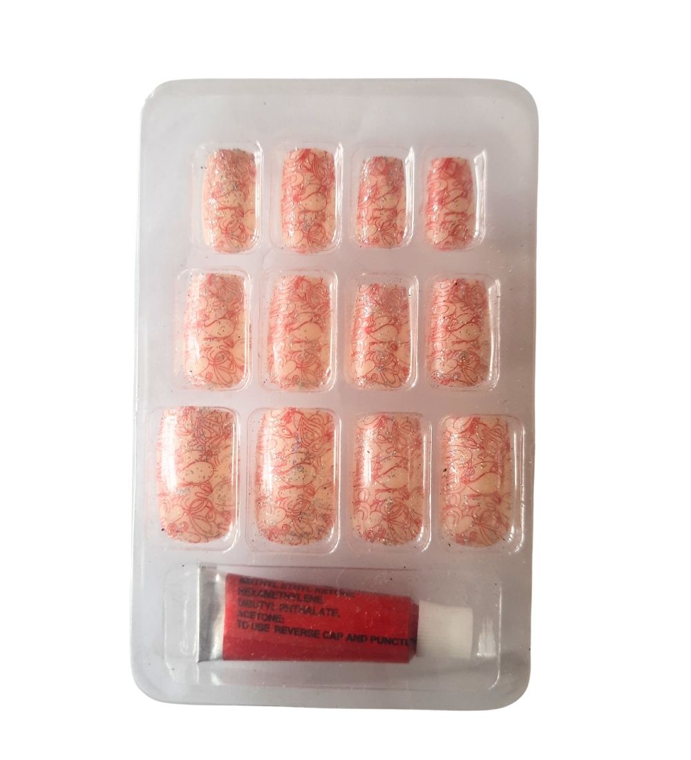 12PCS Long Short Square False Nails featuring red floral patterns on a beige base, includes glue for easy application in Colombo.