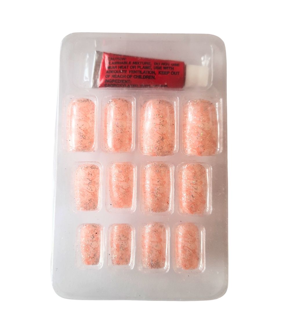 12PCS Long Short Square False Nails in peach glitter finish with glue, great for festive or daily nail beauty in Sri Lanka.