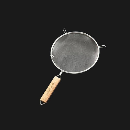 Double Ear Food Strainer 20CM with fine mesh and wooden handle, ideal for precise kitchen straining tasks. Durable dual ear design for stability.