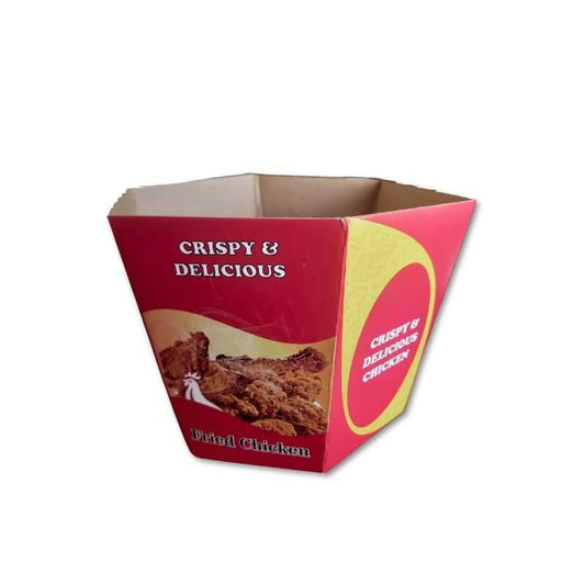 Open-top medium disposable chicken bucket for fried food, featuring bold red graphics and durable paperboard construction.