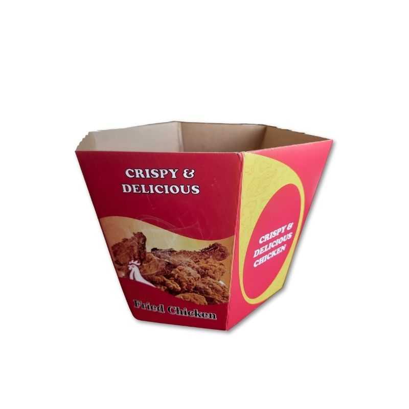 Open-top medium disposable chicken bucket for fried food, featuring bold red graphics and durable paperboard construction.