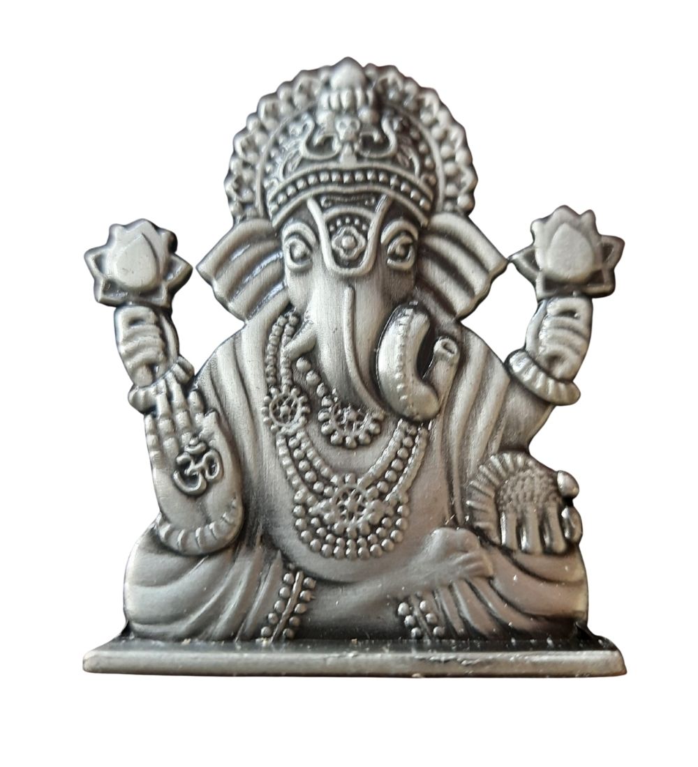 Silver-toned Ganesha Idol For Car Dashboard with intricate detailing, ideal for spiritual decor in vehicles. Hindu Ganesh idol from Sri Lanka.
