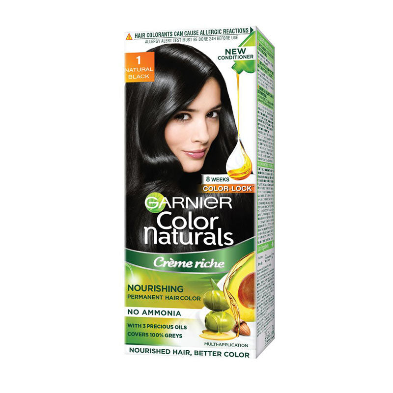 Garnier Hair Color Natural Black 70ml box featuring crème formula with 3 oils, ammonia-free, and 100% grey coverage for nourished hair.