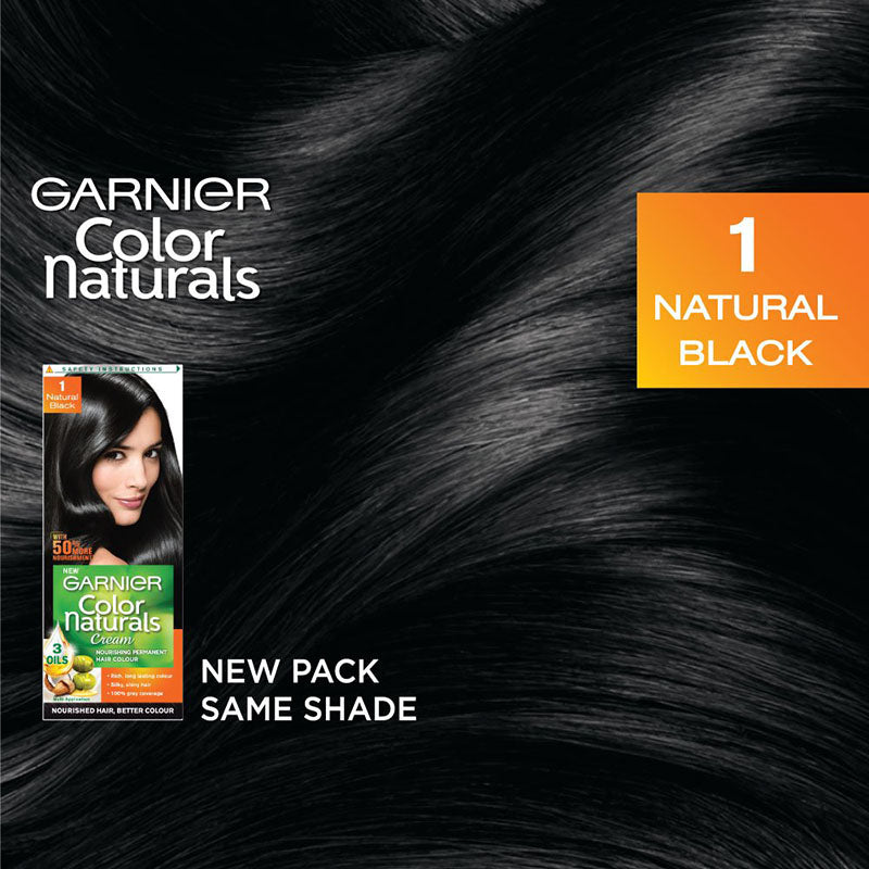 Garnier Hair Color Natural Black shade 1 shown with hair texture background, highlighting new pack design with same long-lasting color shade.