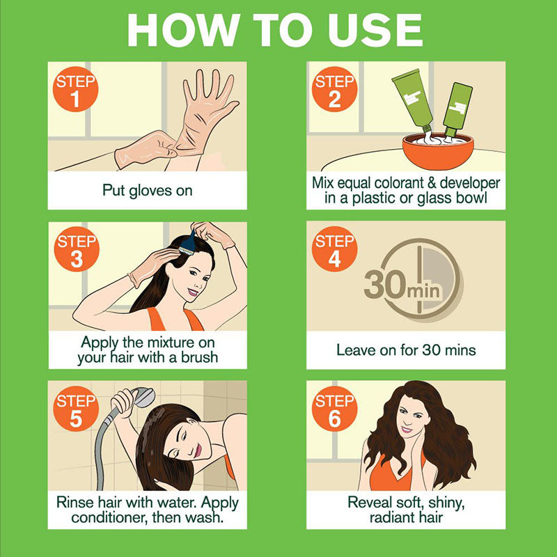 Step-by-step usage guide for Garnier Hair Color Natural Black showing application, 30-minute wait, rinse, and final radiant hair result.