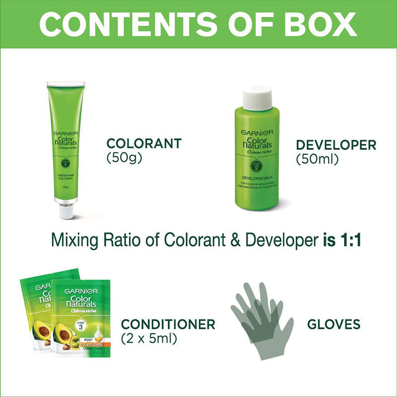 Box contents of Garnier Hair Color Natural Black 70ml including colorant, developer, conditioner sachets, and gloves with 1:1 mixing ratio.