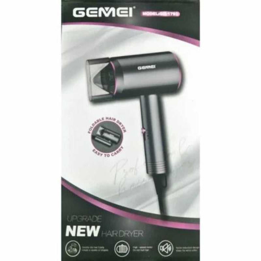 Gemei Professional Hair Dryer GM-1793 for Salon Quality with foldable handle, compact design, and powerful airflow for fast drying and styling.