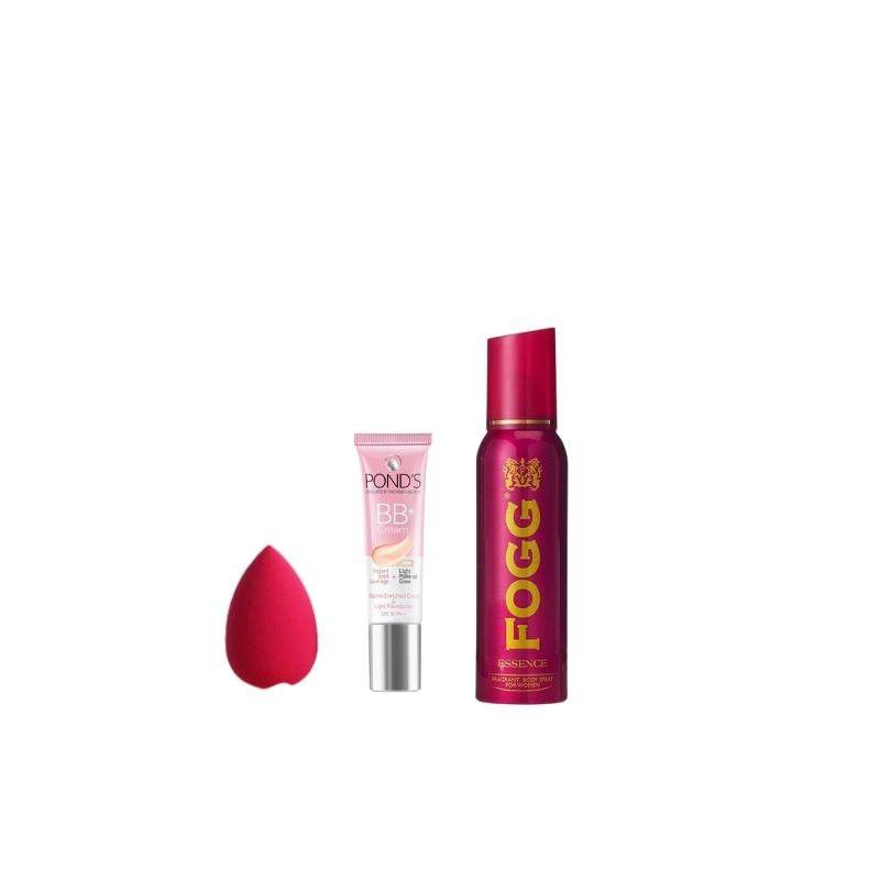 Pond's BB +Fog Gift Pack - Cream Gift Set with BB cream tube, Fogg body spray, and pink beauty blender for radiant face makeup and SPF 30 protection.