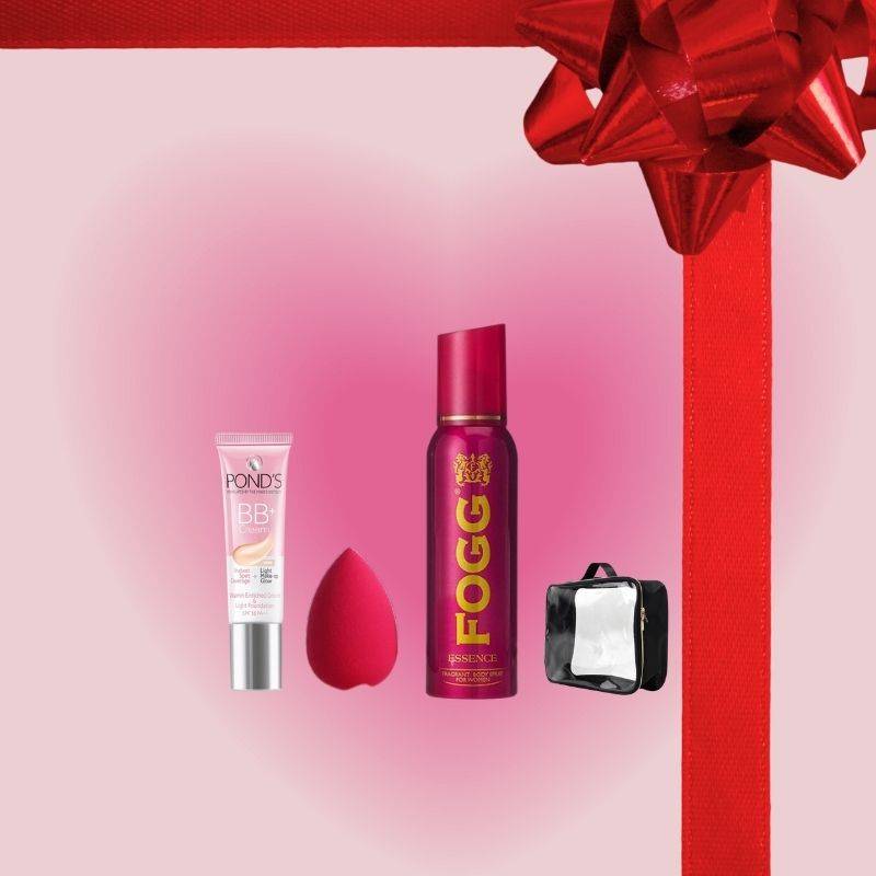 Pond's BB +Fog Gift Pack - Cream Gift Set | SPF 30 Mist & Spray featuring BB cream, Fogg body spray, beauty blender, and pouch in a red gift box.
