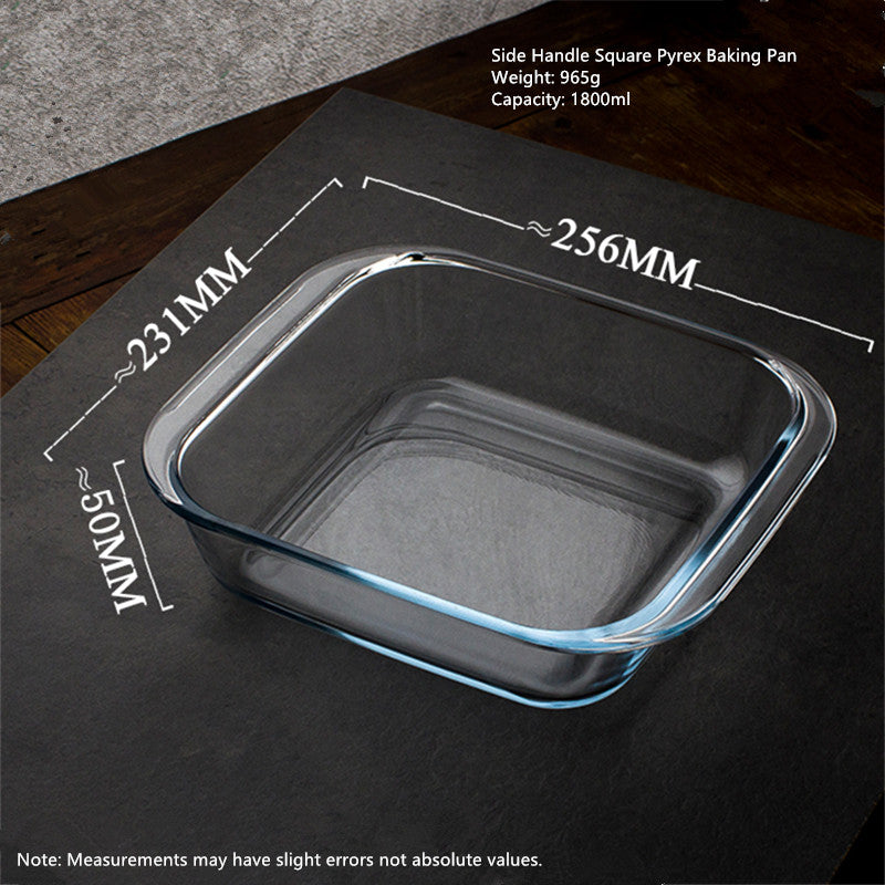 Empty Borosilicate Glass Square Oven Tray with side handles and dimensions labeled. Durable bakeware dish for baking and reheating meals.