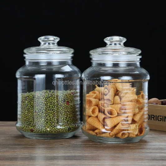 2L airtight glass jars filled with green beans and snacks, ideal for food storage and kitchen organization with clear visibility and secure seal.