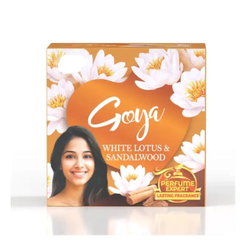 Goya Soap White Lotus & Sandalwood 80g bar with floral packaging, ideal for deep cleansing and moisture retention. Available at Bamagate.com.