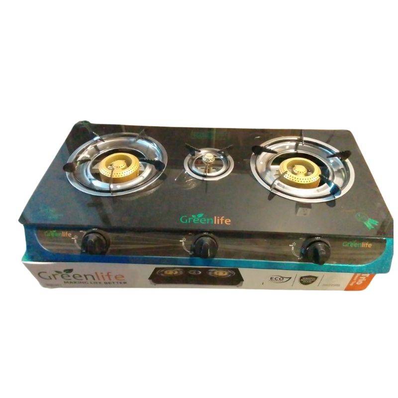 Green Life Gas Stove - 3 Burner Glass Top with durable black finish and efficient brass burners, ideal for modern kitchen cooking needs.
