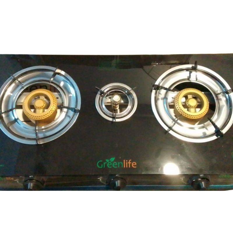 Green Life Gas Stove - 3 Burner Glass Top with brass burners and sleek black finish, ideal for efficient cooking in modern kitchens.