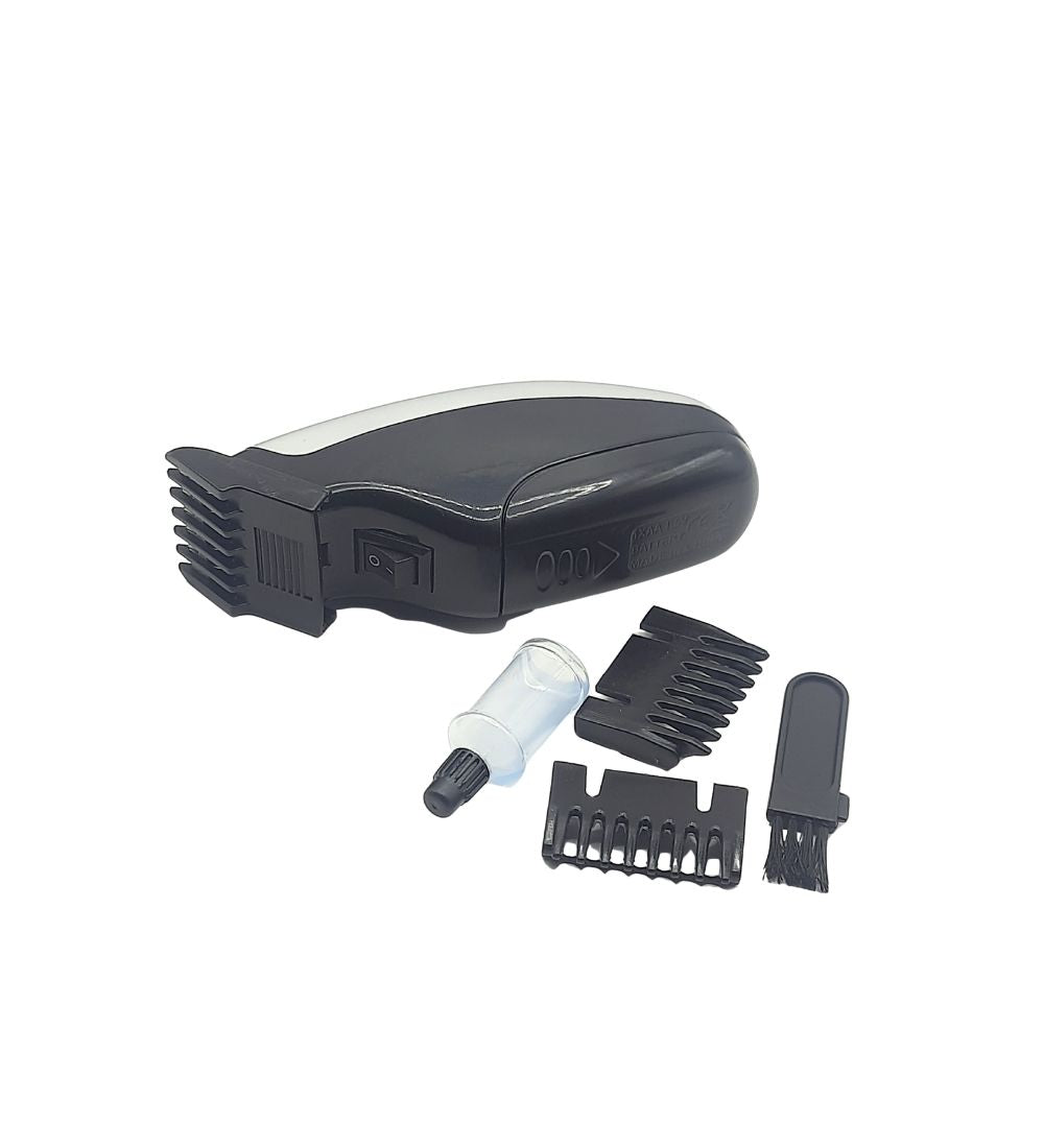 NIKAI Electric Hair Trimmer set with clipper, guide combs, cleaning brush, and oil bottle for complete men's grooming needs.