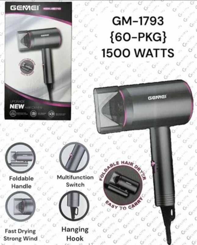 Gemei GM-1793 1500W hair dryer with multifunction switch, hanging hook, and foldable design for salon-quality hair care and easy portability.