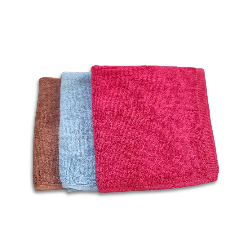 Set of three 13.5-inch cotton hand face towels in brown, blue, and pink colors. Premium 300 GSM combed cotton ideal for home use in Sri Lanka.