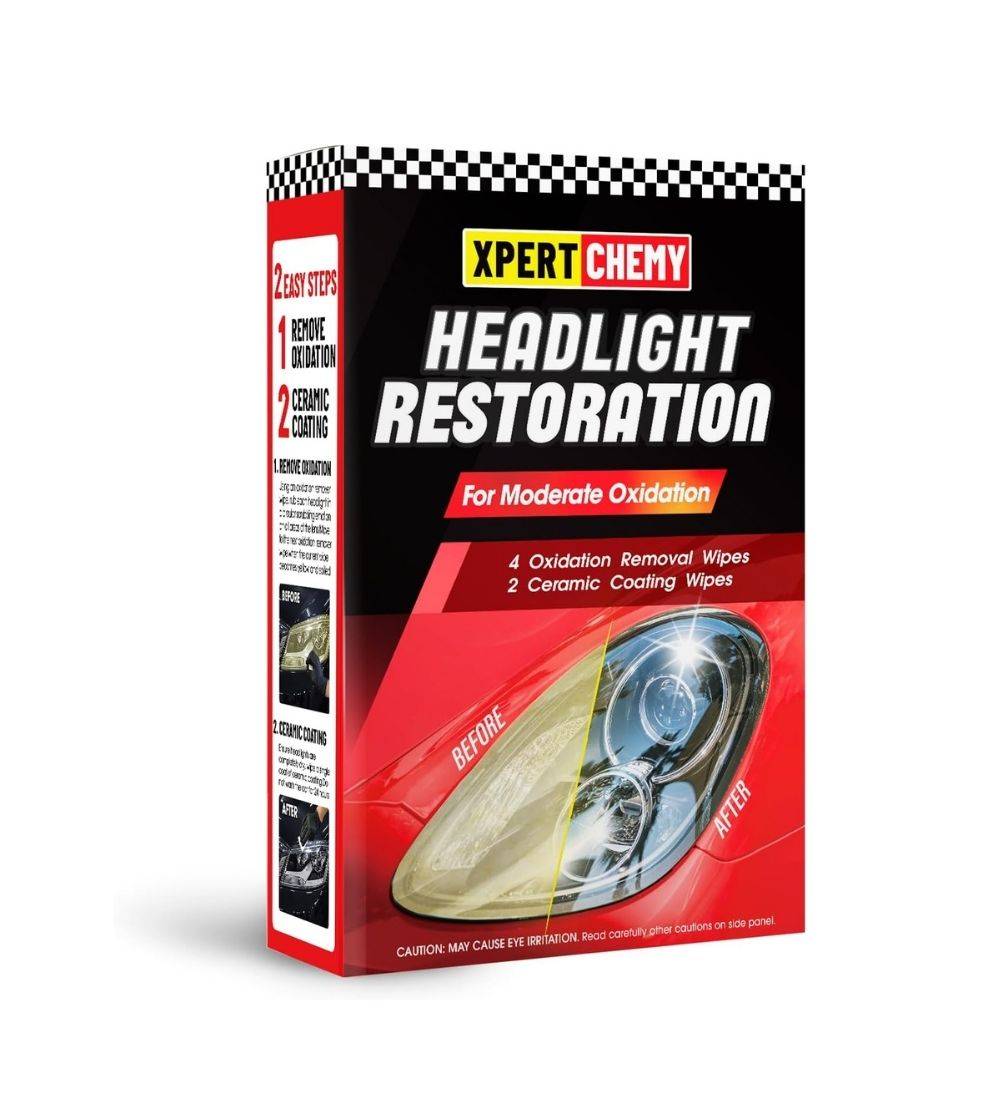 Headlight Restoration Kit with UV Protection for moderate oxidation, includes ceramic coating and oxidation remover wipes for car headlights.