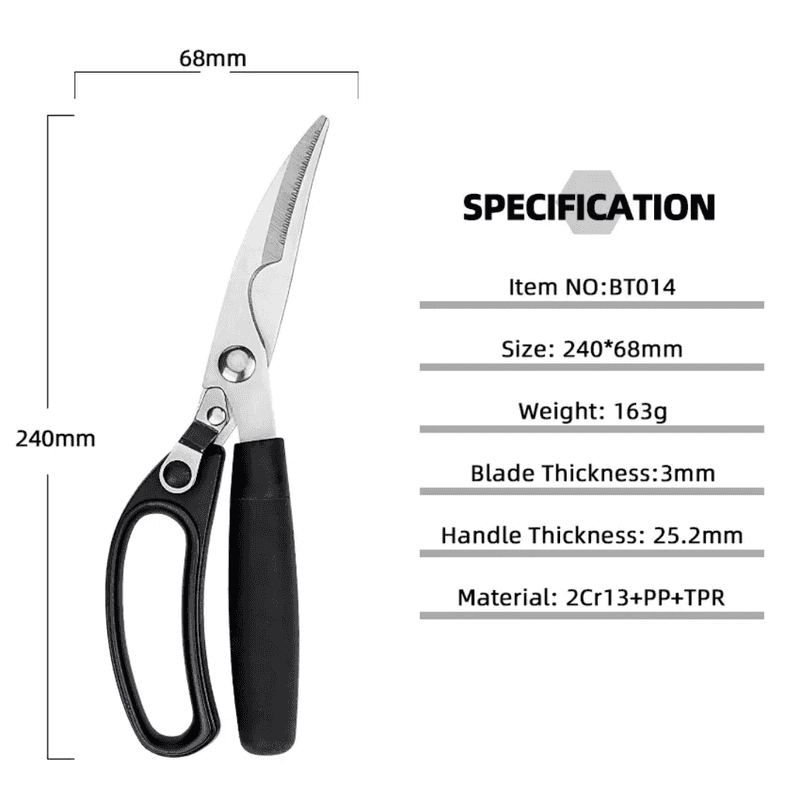 Kitchen scissor product specifications showing size, weight, blade and handle thickness, and materials used for heavy-duty kitchen cutting.