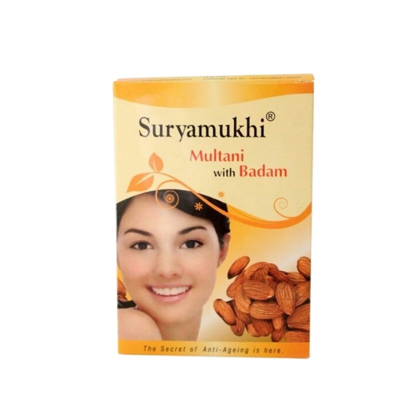 Suryamukhi Multani Herbal Powder 100g with Badam for natural skincare, featuring almond extracts for oil control and deep cleansing.